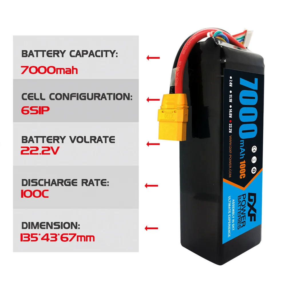 Bateria lipo dxf 6s 22.2v 7000 - 6S Lipo Battery 22.2V 5000Mah avaliação e preço